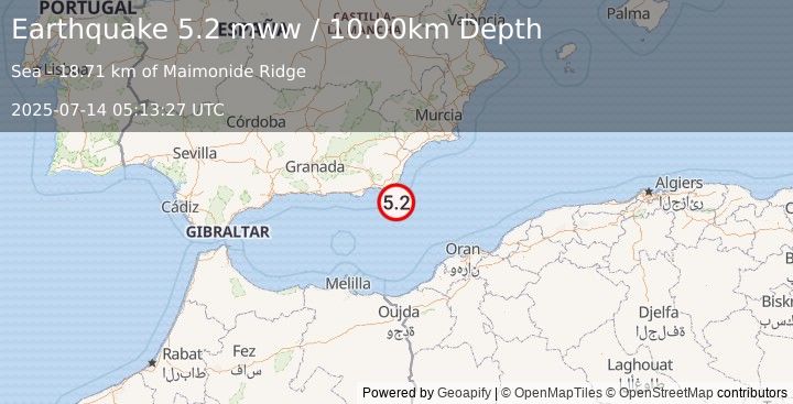 Earthquake 21 km SE of San José, Spain (5.2 mww) (2025-07-14 05:13:27 UTC)