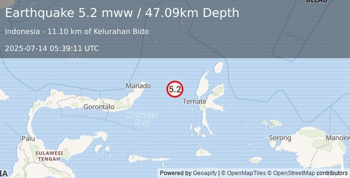 Earthquake 115 km WNW of Ternate, Indonesia (5.2 mww) (2025-07-14 05:39:11 UTC)