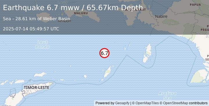 Earthquake 179 km WSW of Tual, Indonesia (6.7 mww) (2025-07-14 05:49:57 UTC)