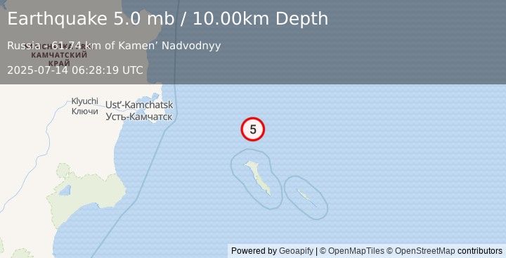 Earthquake 228 km E of Ust’-Kamchatsk Staryy, Russia (5.0 mb) (2025-07-14 06:28:19 UTC)