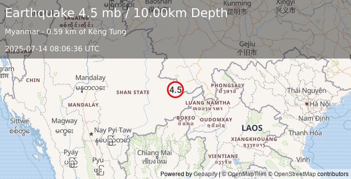 Earthquake 0 km SE of Kēng Tung, Burma (Myanmar) (4.5 mb) (2025-07-14 08:06:36 UTC)
