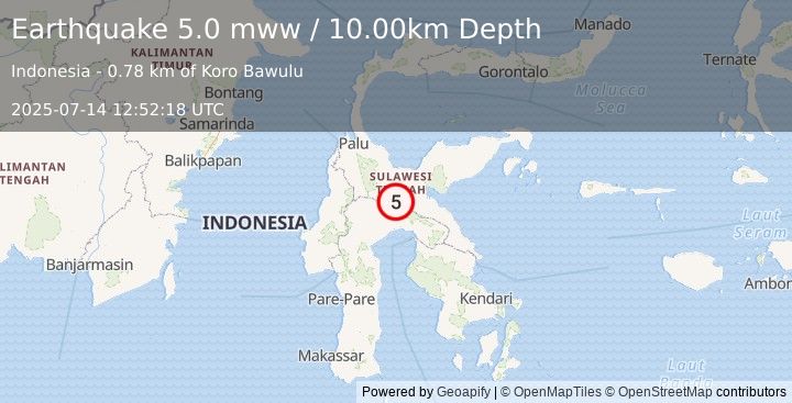 Earthquake 69 km NE of Masamba, Indonesia (5.0 mww) (2025-07-14 12:52:18 UTC)