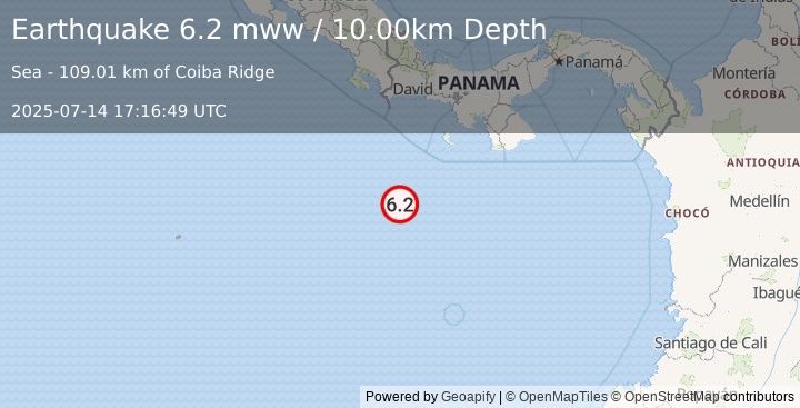 Earthquake 206 km S of Burica, Panama (6.2 mww) (2025-07-14 17:16:49 UTC)