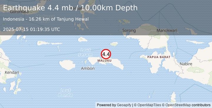 Earthquake 96 km NE of Masohi, Indonesia (4.4 mb) (2025-07-15 01:19:35 UTC)