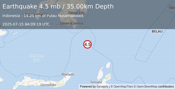 Earthquake 185 km SE of Sarangani, Philippines (4.5 mb) (2025-07-15 04:09:19 UTC)