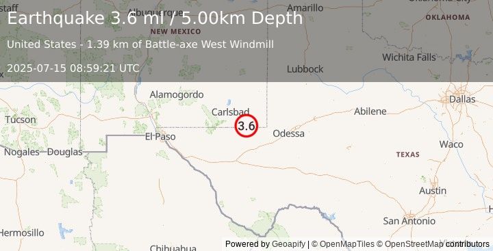 Earthquake 38 km ESE of Malaga, New Mexico (3.6 ml) (2025-07-15 08:59:21 UTC)
