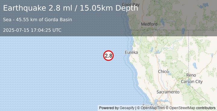 Earthquake 133 km W of Ferndale, California (2.8 ml) (2025-07-15 17:04:25 UTC)