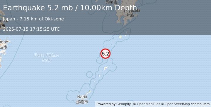 Earthquake 90 km N of Tatsugō, Japan (5.2 mb) (2025-07-15 17:15:25 UTC)