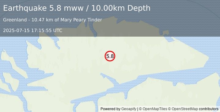 Earthquake near the north coast of Greenland (5.8 mww) (2025-07-15 17:15:55 UTC)