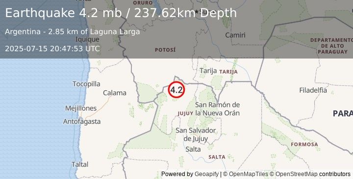 Earthquake 63 km WSW of La Quiaca, Argentina (4.2 mb) (2025-07-15 20:47:53 UTC)