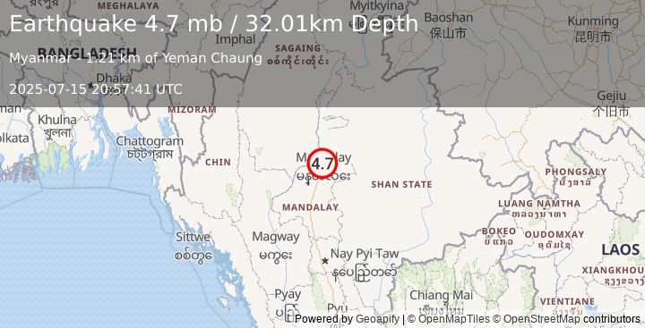 Earthquake 1 km W of Mandalay, Burma (Myanmar) (4.7 mb) (2025-07-15 20:57:41 UTC)