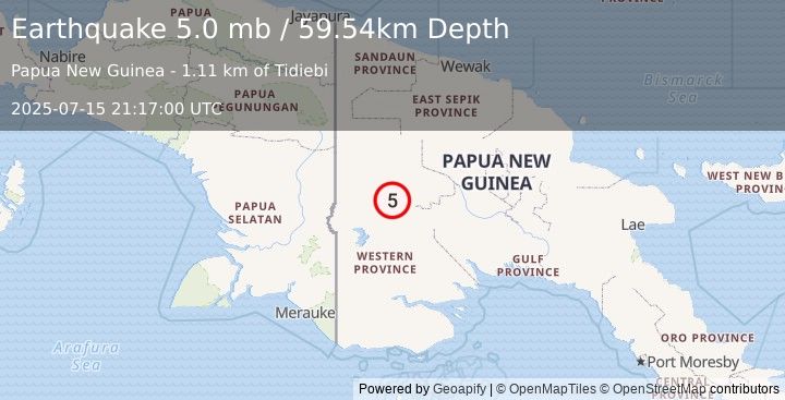 Earthquake 96 km E of Kiunga, Papua New Guinea (5.0 mb) (2025-07-15 21:17:00 UTC)