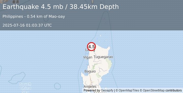 Earthquake 10 km SSW of Bangui, Philippines (4.5 mb) (2025-07-16 01:03:37 UTC)