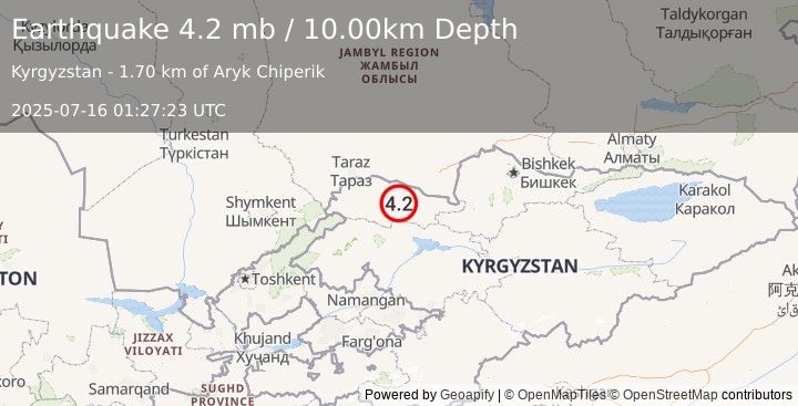 Earthquake 12 km SE of Talas, Kyrgyzstan (4.2 mb) (2025-07-16 01:27:23 UTC)