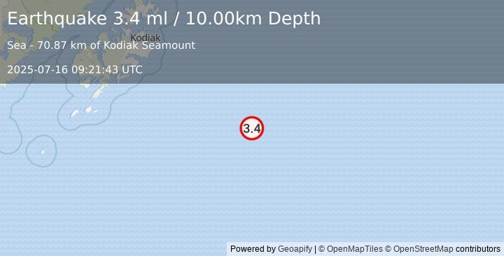 Earthquake 248 km SE of Chiniak, Alaska (3.4 ml) (2025-07-16 09:21:43 UTC)