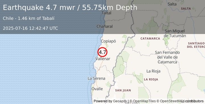 Earthquake 50 km N of Vallenar, Chile (4.7 mwr) (2025-07-16 12:42:47 UTC)