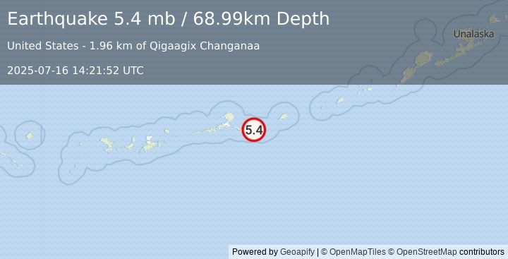 Earthquake 58 km ESE of Atka, Alaska (5.4 mb) (2025-07-16 14:21:52 UTC)