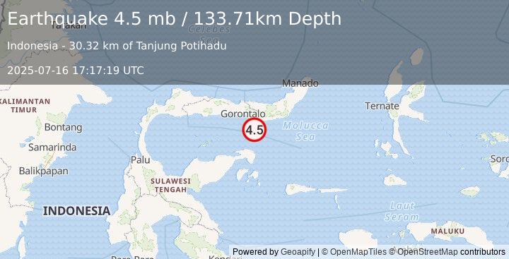 Earthquake 67 km SE of Gorontalo, Indonesia (4.5 mb) (2025-07-16 17:17:19 UTC)