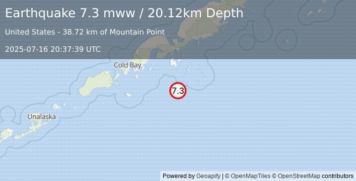Earthquake 87 km S of Sand Point, Alaska (7.3 mww) (2025-07-16 20:37:39 UTC)