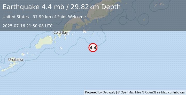 Earthquake 102 km SSE of Sand Point, Alaska (4.4 mb) (2025-07-16 21:50:08 UTC)