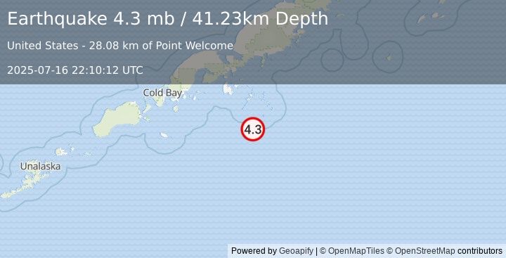 Earthquake 96 km SSE of Sand Point, Alaska (4.3 mb) (2025-07-16 22:10:12 UTC)