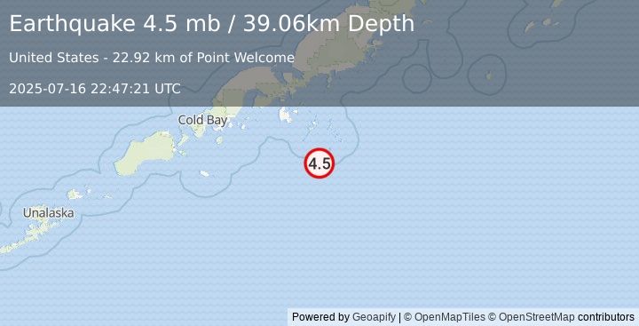 Earthquake 93 km SSE of Sand Point, Alaska (4.5 mb) (2025-07-16 22:47:21 UTC)