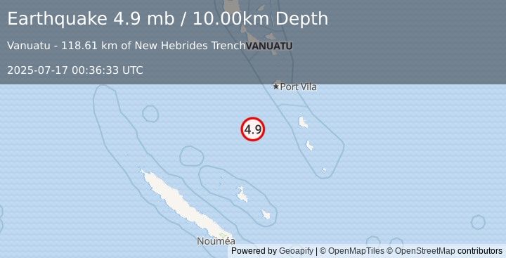 Earthquake 159 km SSW of Port-Vila, Vanuatu (4.9 mb) (2025-07-17 00:36:33 UTC)