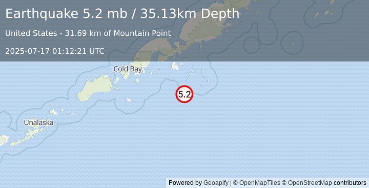 Earthquake 85 km S of Sand Point, Alaska (5.2 mb) (2025-07-17 01:12:21 UTC)