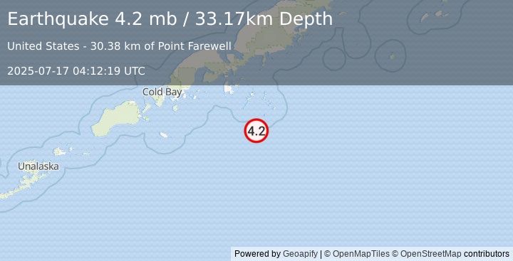 Earthquake 101 km SSE of Sand Point, Alaska (4.2 mb) (2025-07-17 04:12:19 UTC)