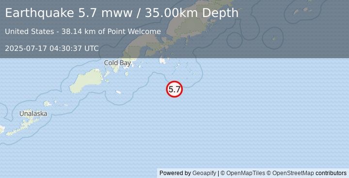 Earthquake 94 km SSE of Sand Point, Alaska (5.7 mww) (2025-07-17 04:30:37 UTC)