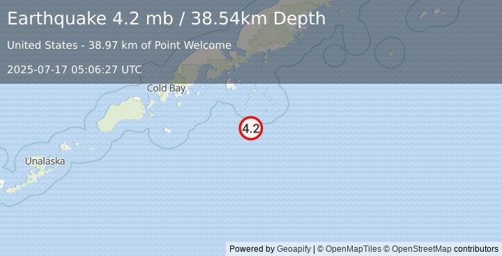 Earthquake 99 km SSE of Sand Point, Alaska (4.2 mb) (2025-07-17 05:06:27 UTC)