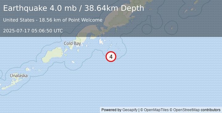 Earthquake 82 km SSE of Sand Point, Alaska (4.0 mb) (2025-07-17 05:06:50 UTC)