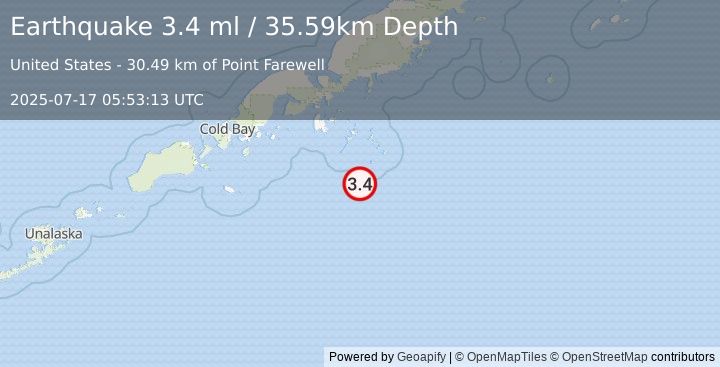 Earthquake 102 km SSE of Sand Point, Alaska (3.4 ml) (2025-07-17 05:53:13 UTC)