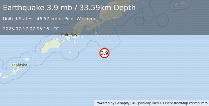 Earthquake 107 km SSE of Sand Point, Alaska (3.9 mb) (2025-07-17 07:05:16 UTC)