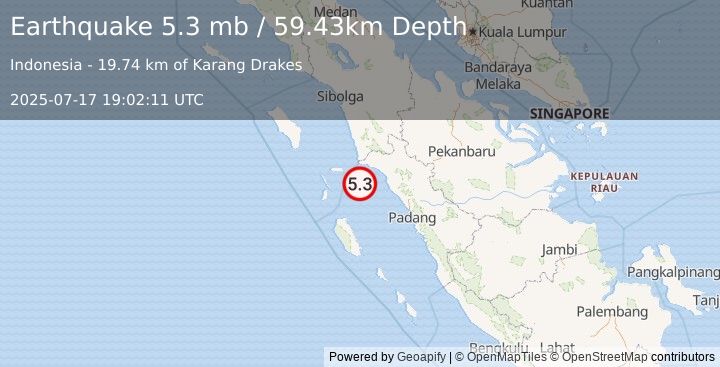 Earthquake 111 km WNW of Pariaman, Indonesia (5.3 mb) (2025-07-17 19:02:11 UTC)