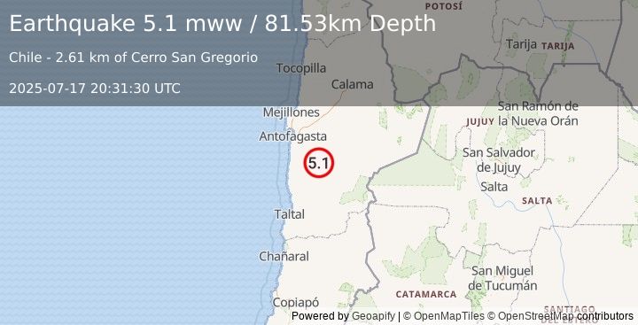Earthquake 92 km SE of Antofagasta, Chile (5.1 mww) (2025-07-17 20:31:30 UTC)