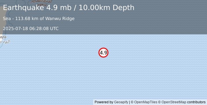 Earthquake Carlsberg Ridge (4.9 mb) (2025-07-18 06:28:08 UTC)