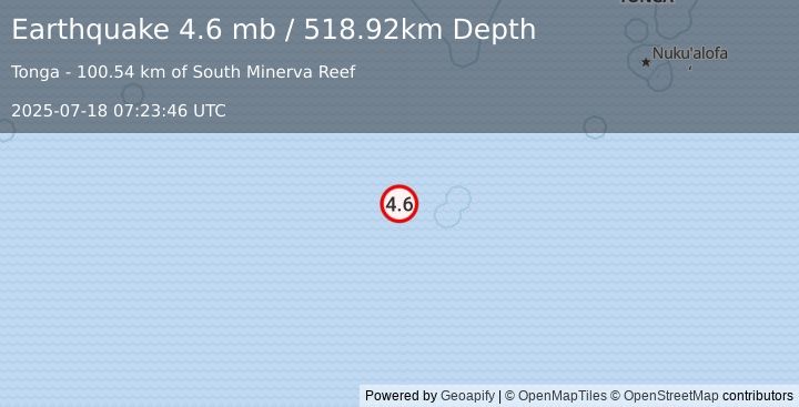 Earthquake south of the Fiji Islands (4.6 mb) (2025-07-18 07:23:46 UTC)