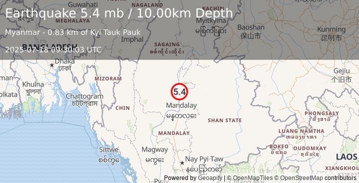 Earthquake 35 km ENE of Shwebo, Burma (Myanmar) (5.4 mb) (2025-07-18 09:30:03 UTC)