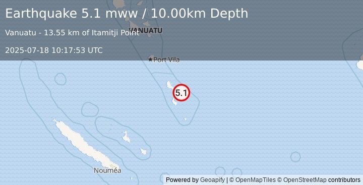 Earthquake 63 km NE of Isangel, Vanuatu (5.1 mww) (2025-07-18 10:17:53 UTC)
