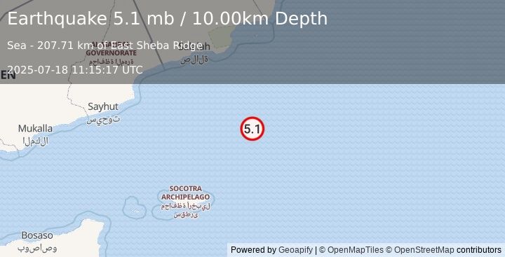 Earthquake Owen Fracture Zone region (5.1 mb) (2025-07-18 11:15:17 UTC)