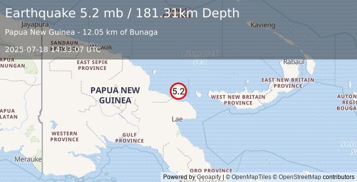 Earthquake 135 km N of Lae, Papua New Guinea (5.2 mb) (2025-07-18 14:33:07 UTC)