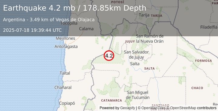 Earthquake 97 km W of San Antonio de los Cobres, Argentina (4.2 mb) (2025-07-18 19:39:44 UTC)