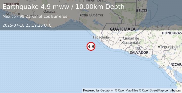 Earthquake 98 km SW of Puerto Madero, Mexico (4.9 mww) (2025-07-18 23:19:26 UTC)