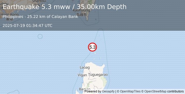 Earthquake 100 km SW of Basco, Philippines (5.3 mww) (2025-07-19 01:34:47 UTC)