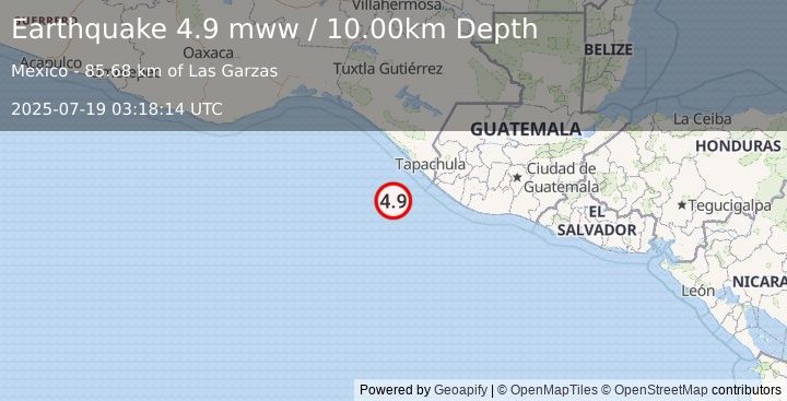 Earthquake 85 km SW of Puerto Madero, Mexico (4.9 mww) (2025-07-19 03:18:14 UTC)