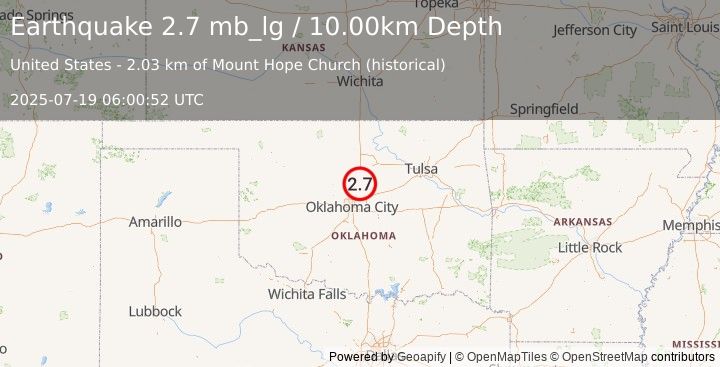 Earthquake 7 km E of Guthrie, Oklahoma (2.7 mb_lg) (2025-07-19 06:00:52 UTC)