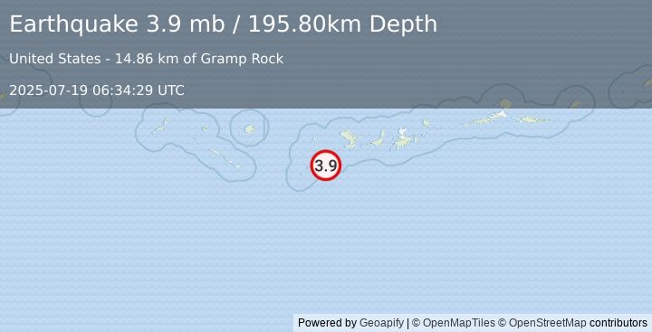 Earthquake 139 km WSW of Adak, Alaska (3.9 mb) (2025-07-19 06:34:29 UTC)