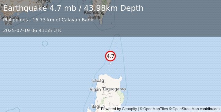 Earthquake 84 km SW of Basco, Philippines (4.7 mb) (2025-07-19 06:41:55 UTC)