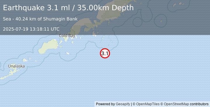 Earthquake 109 km SSE of Sand Point, Alaska (3.1 ml) (2025-07-19 13:18:11 UTC)